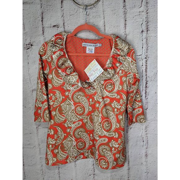 Gretchen Scott Women's Ruffle neck Jersey 3/4 Sleeve Top In Plentiful Paisley Sz - Picture 1 of 6